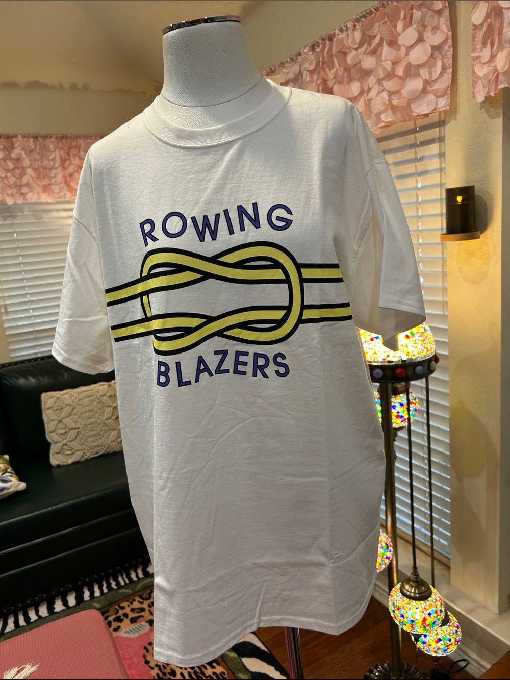Rowing Blazers White Tee with Yellow and Navy Knot Graphic